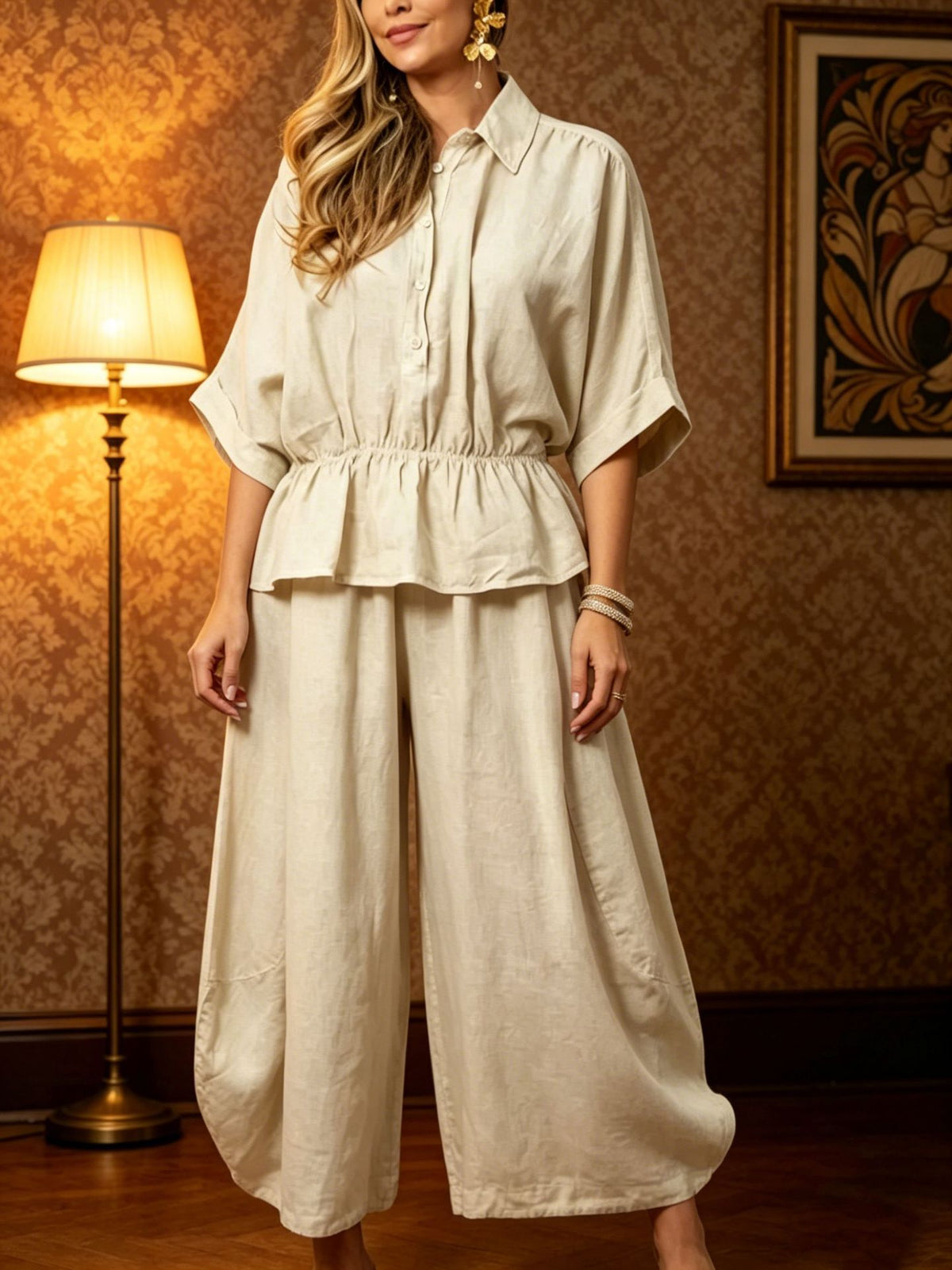 Plus-size Womens Loose Casual Belted Shirt And Wide-leg Pants Set
