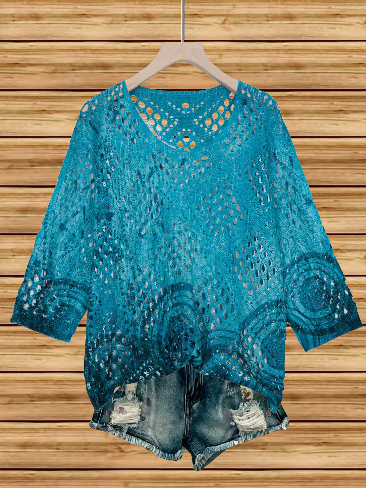 Womens Hollowed-Out Batwing-Sleeve Sweater With 3D Knitted Print