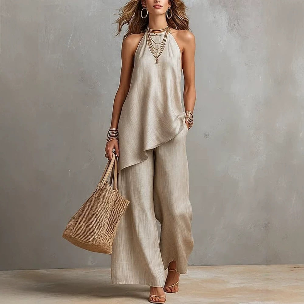 Womens Casual Crew-Neck Vest And Long Pants Set
