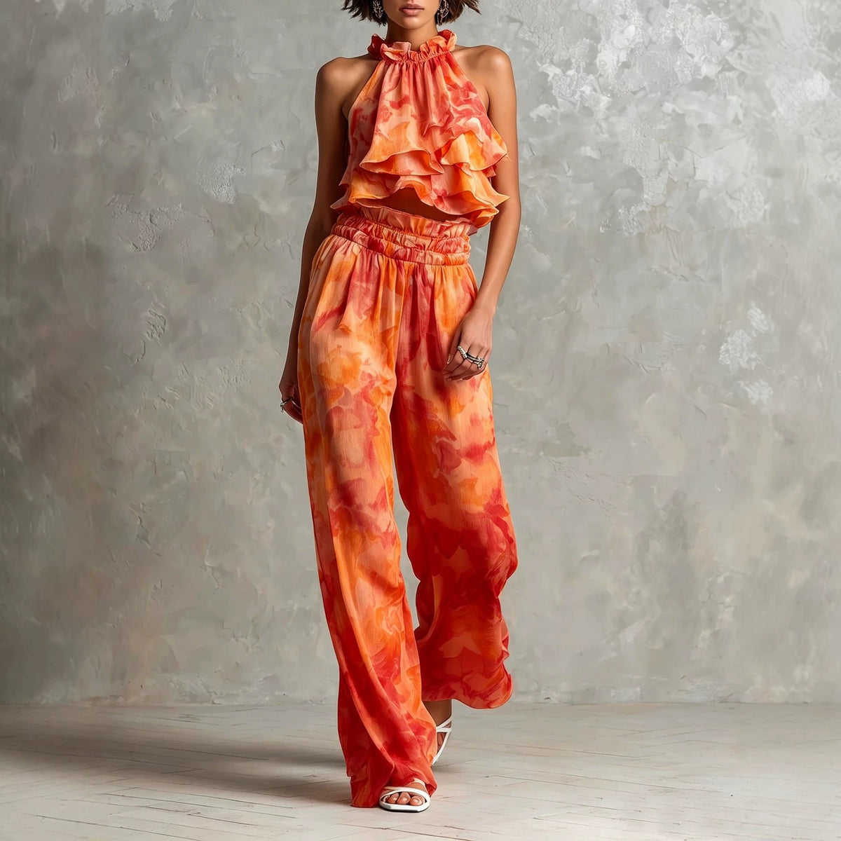 Neck-hanging Printed Top Pants Summer Set