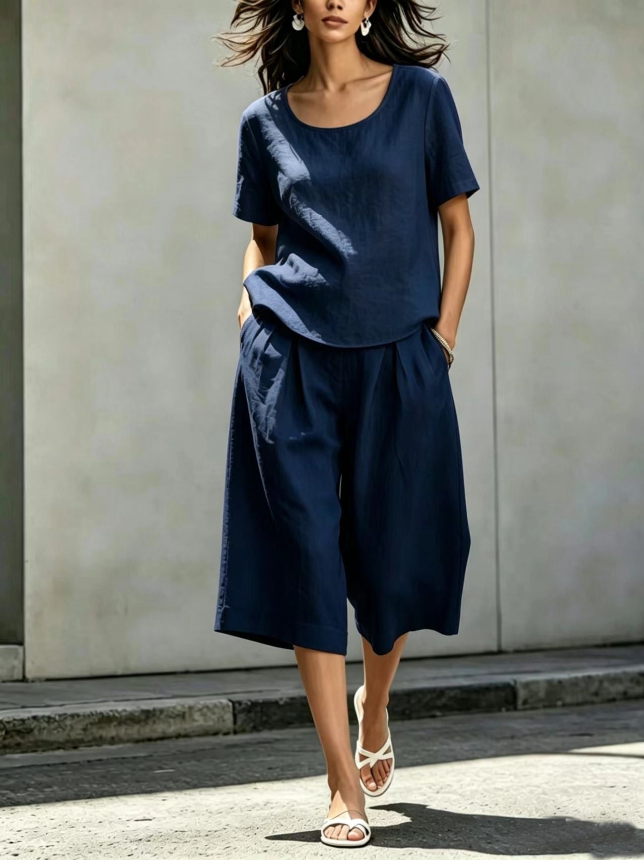 Cotton-linen Casual Loose-fitting Short-sleeve Top And Shorts Set