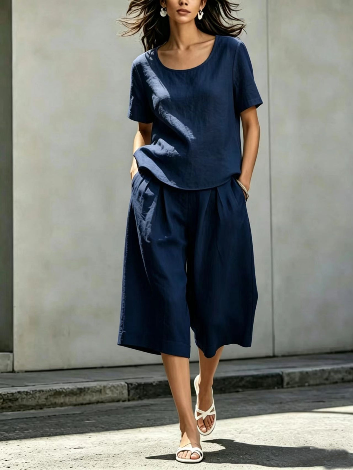 Cotton-linen Casual Loose-fitting Short-sleeve Top And Shorts Set