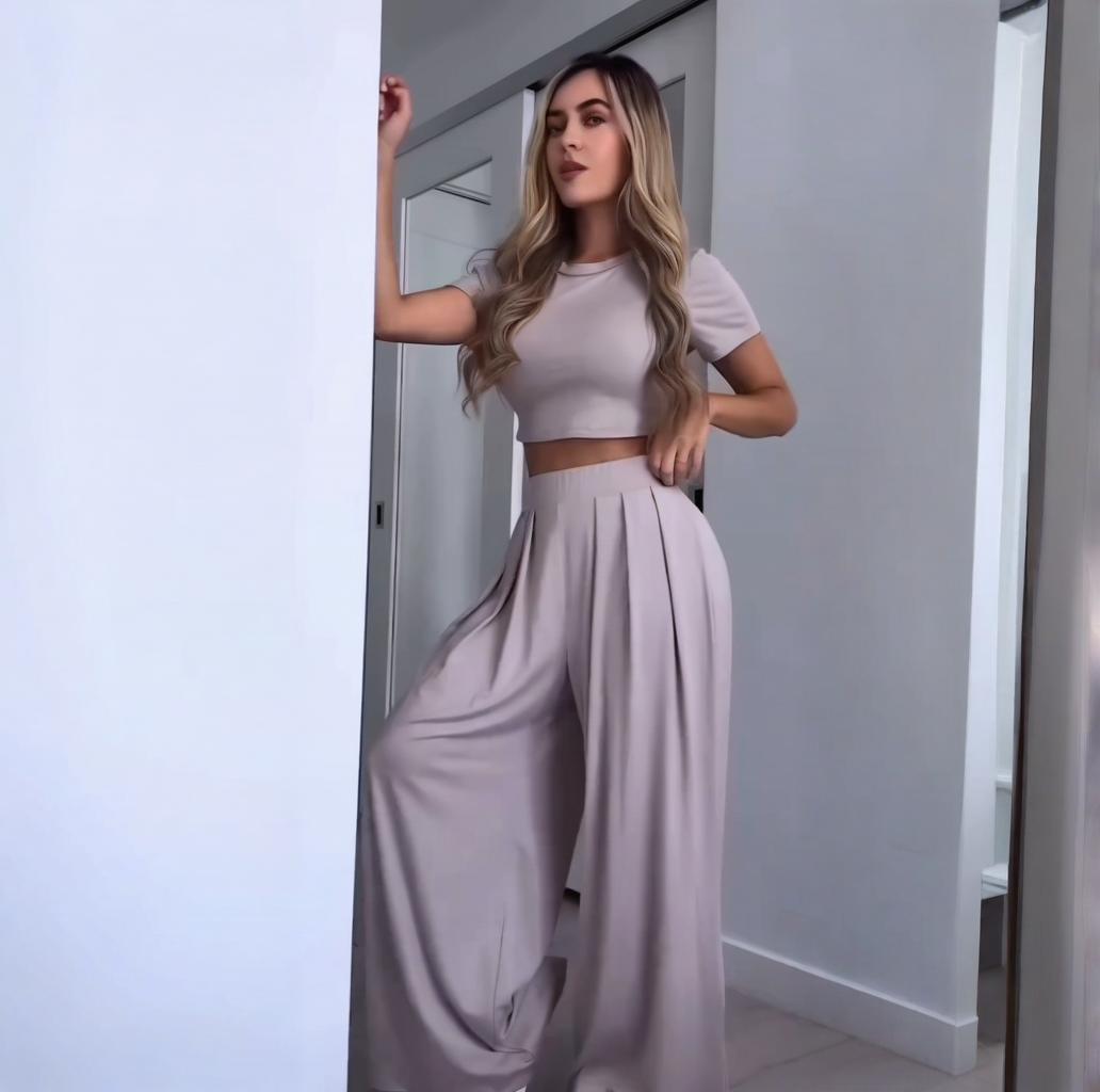 Crew-Neck Solid-Color Wide-Leg Pants Fashionable Casual Womens Set