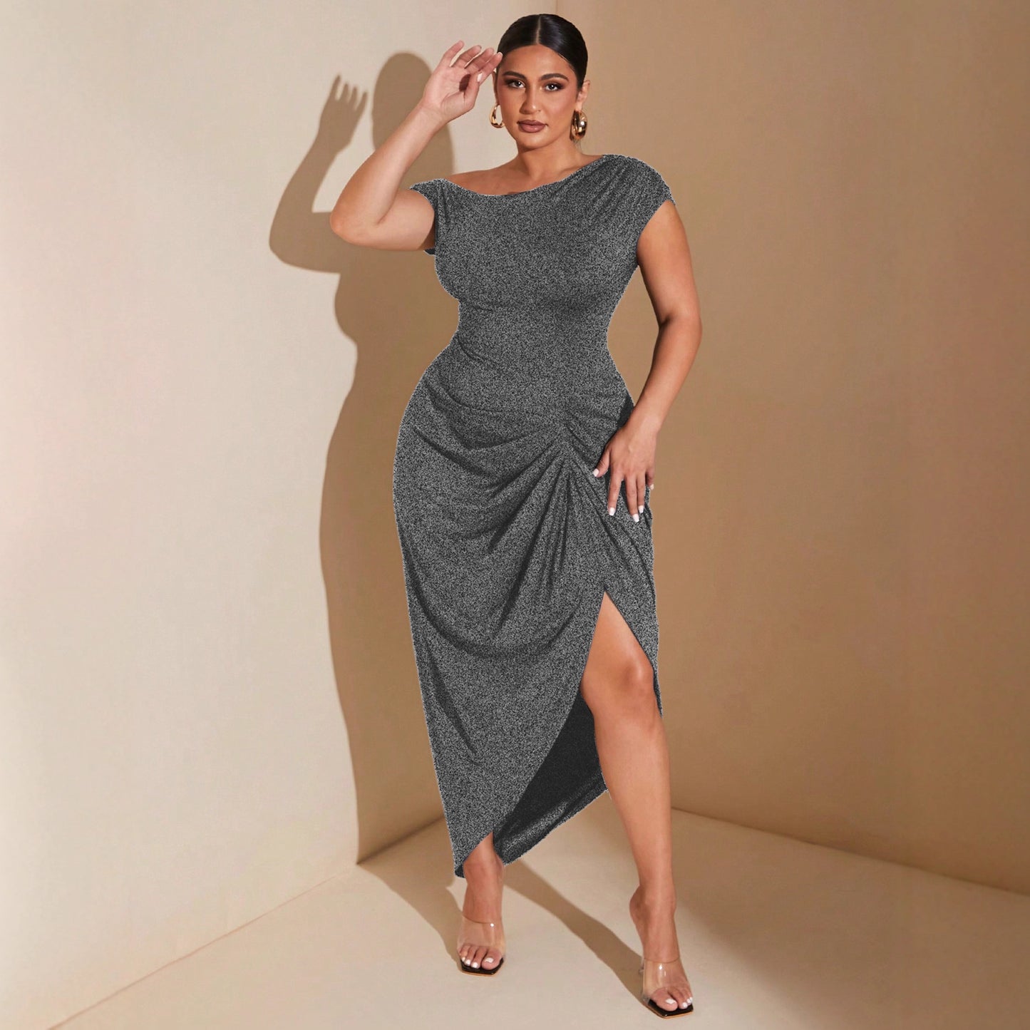 Waist-cinched Knot-front Slit Short-sleeve Dress
