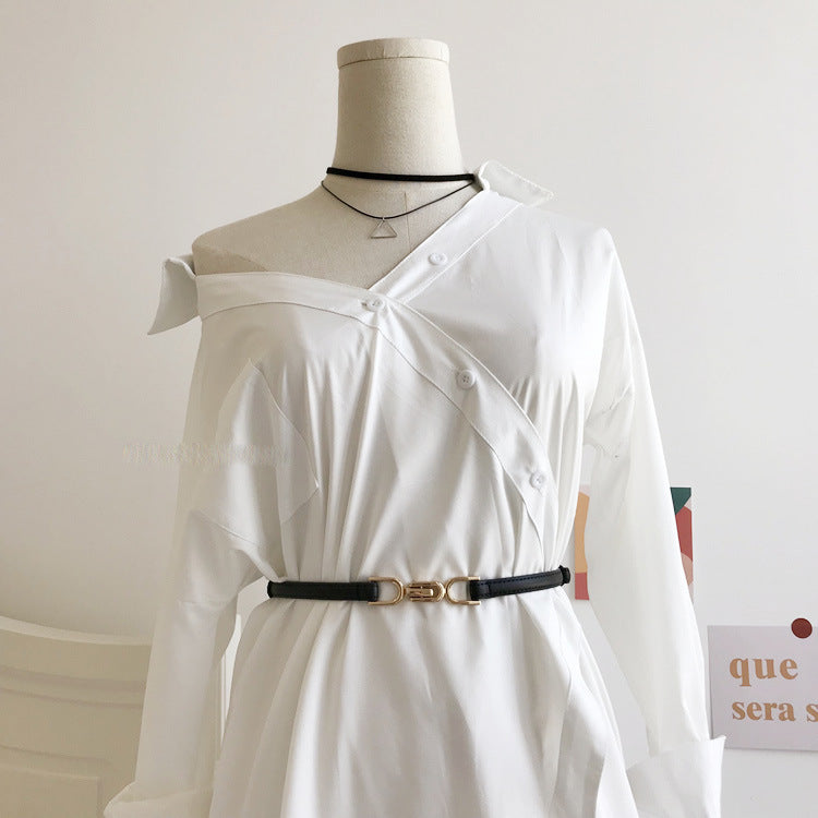 A Pair Of Buckles Belt Womens Fine Decoration Dress Matching worn with a white shirt, showcasing elegance and versatility.