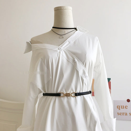 A Pair Of Buckles Belt Womens Fine Decoration Dress Matching worn with a white shirt, showcasing elegance and versatility.