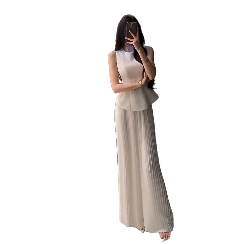 Pleated Vest And Wide-leg Pants Two-piece Set
