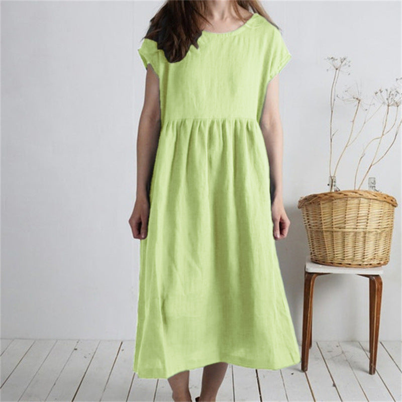 Solid-color Pleated Loose-fit Casual Cotton-linen Dress For Women