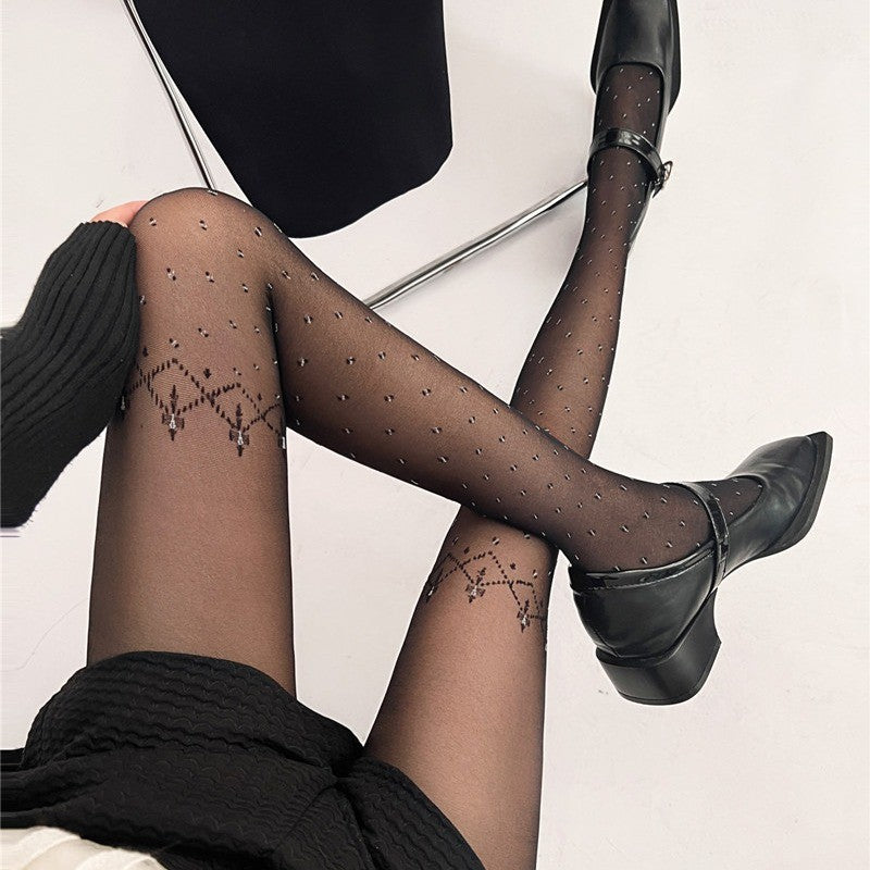 Retro Patchwork Thigh Jacquard Dot Black Silk Thin Transparent Pantyhose