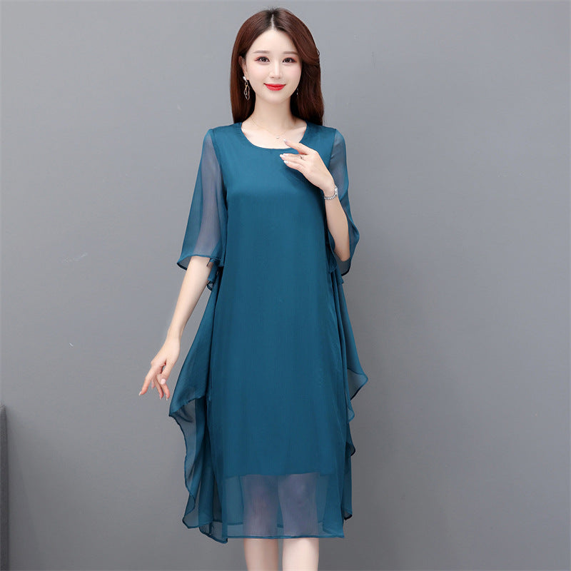 Womens Solid-color Chiffon Ruffled Flounce Dress