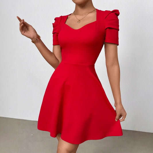 Womens Boat-Neckline Defined Waist Elegant High-Waist Dress