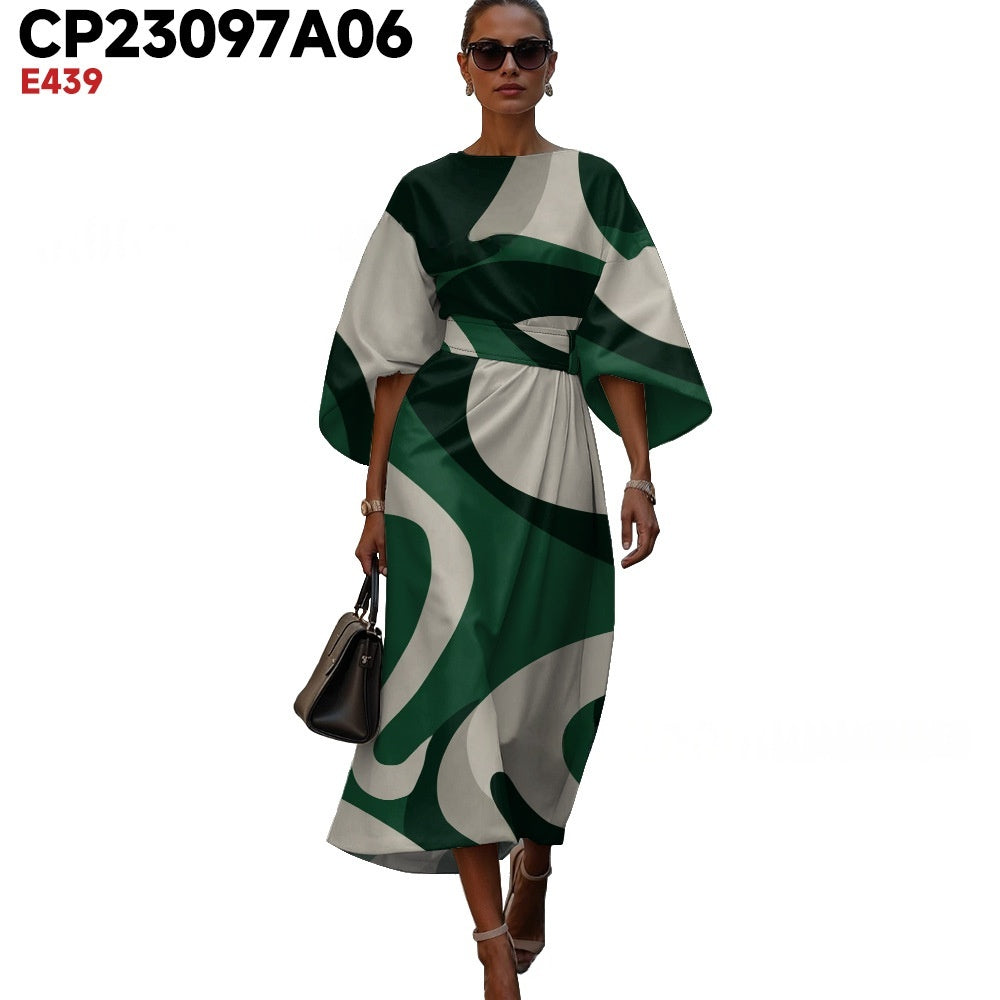 Womens Fashionable Casual Printed Crew-Neck Dress