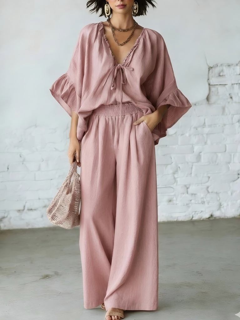 Loose-fit Cotton-linen V-neck Wide-leg Pants Two-piece Set