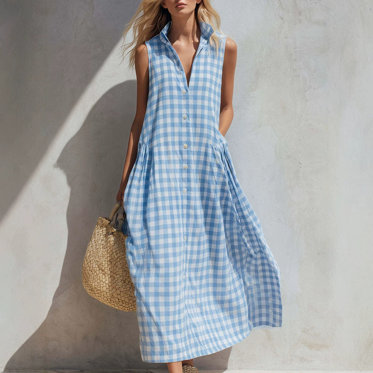 New Summer Beach Plaid Loose Long Dress