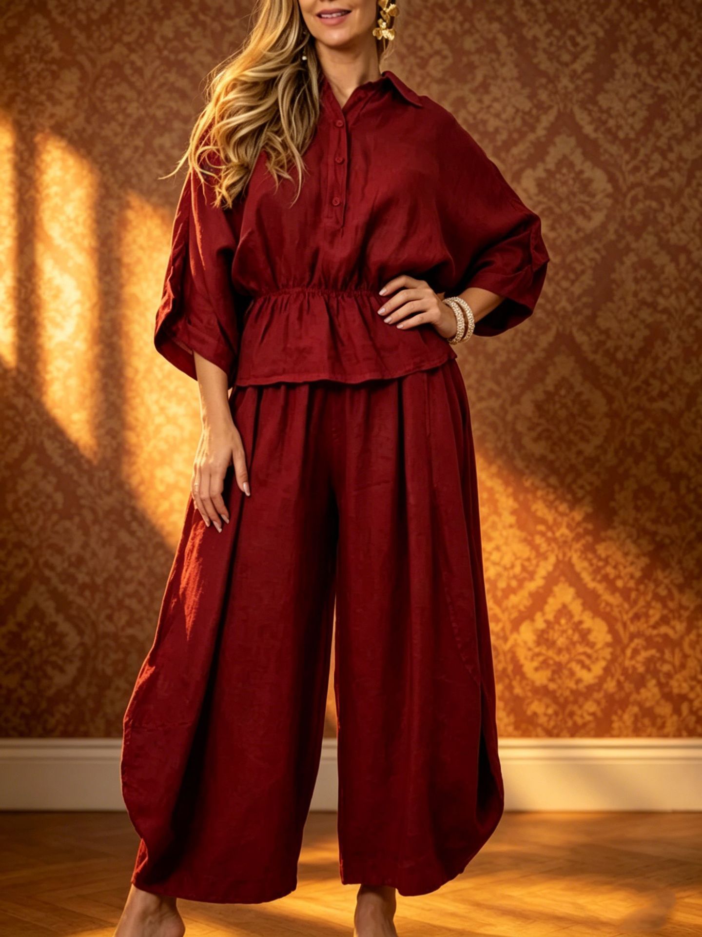 Plus-size Womens Loose Casual Belted Shirt And Wide-leg Pants Set