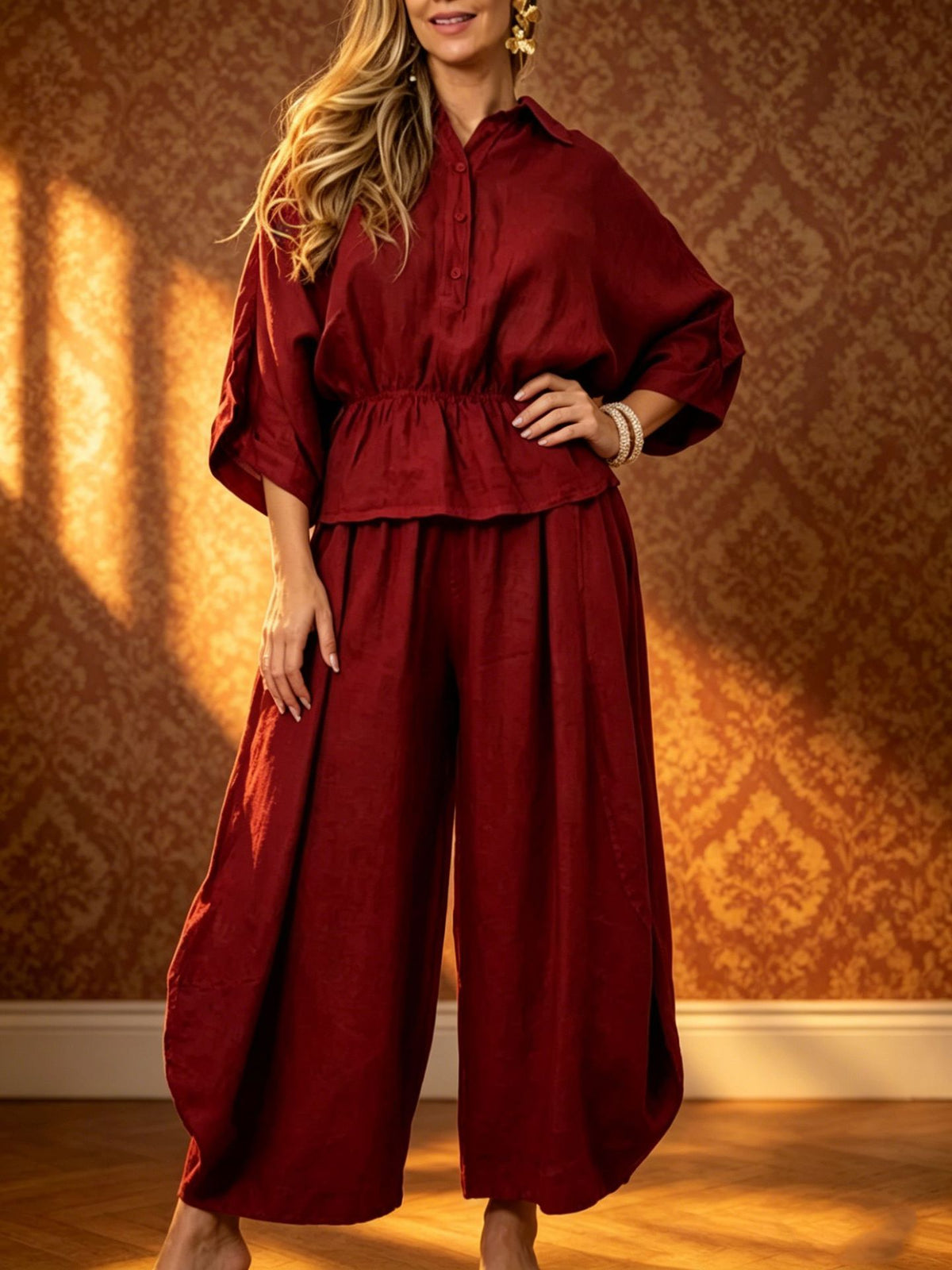Plus-size Womens Loose Casual Belted Shirt And Wide-leg Pants Set
