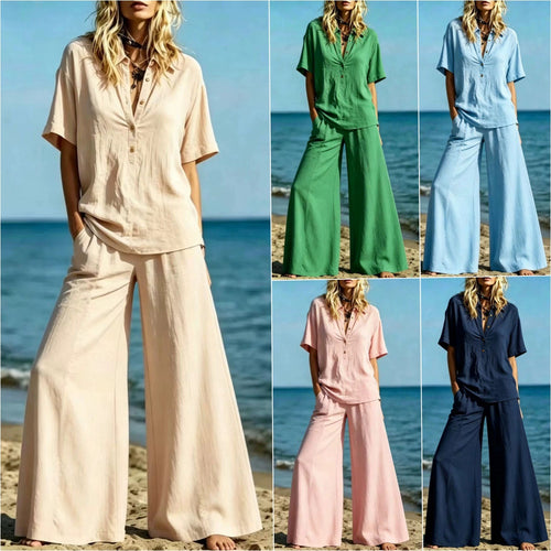 Button-down Shirt And Wide-leg Pants Two-piece Set For Women