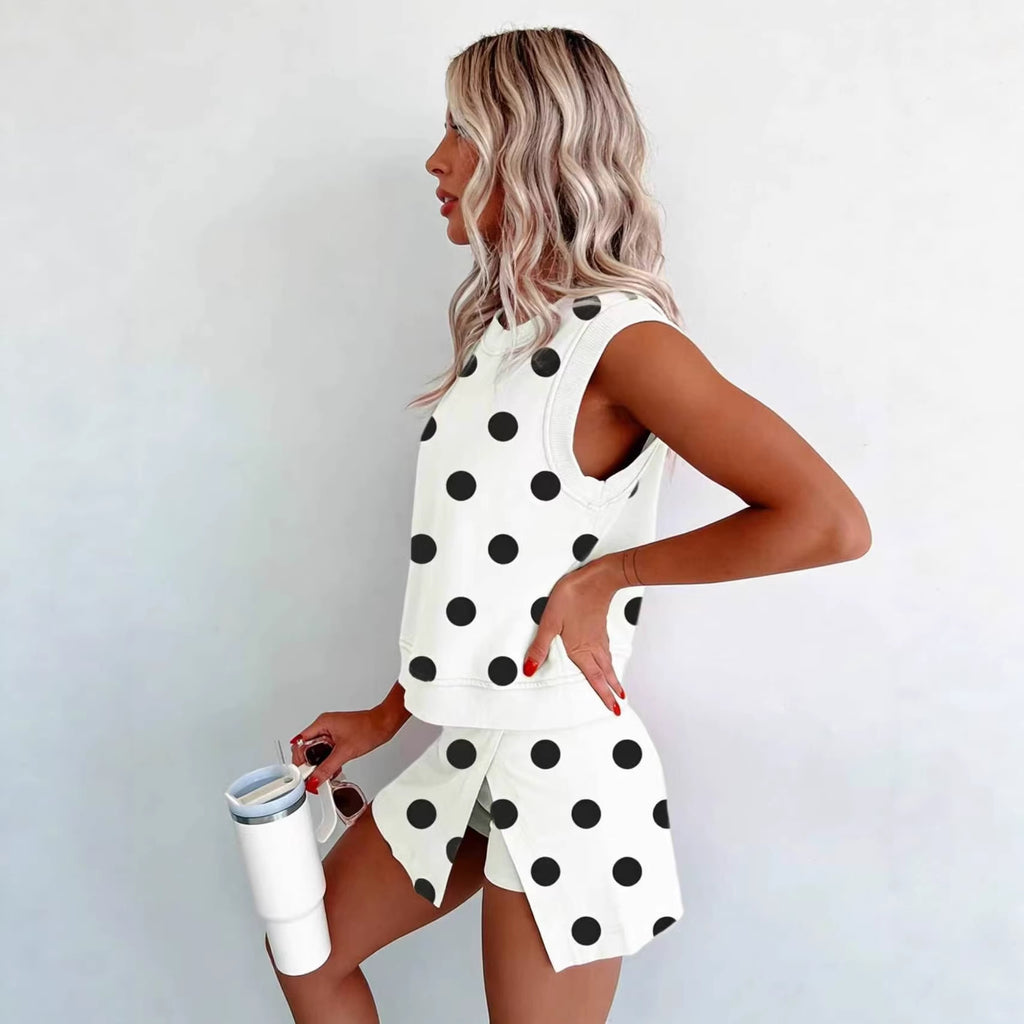 Casual Polka-Dot Sleeveless Tank Top Two-Piece Set