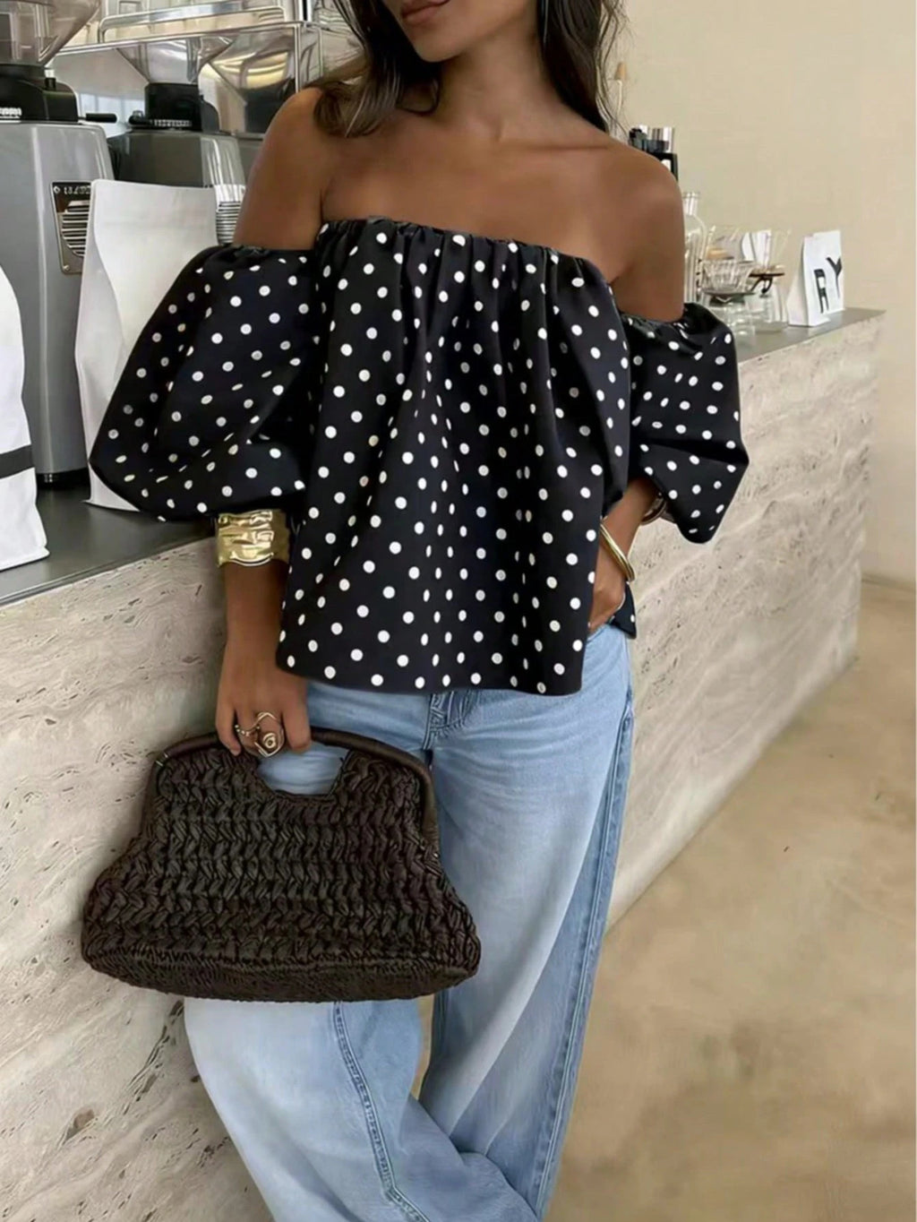 Off-shoulder Lantern-sleeve Short Top For Women
