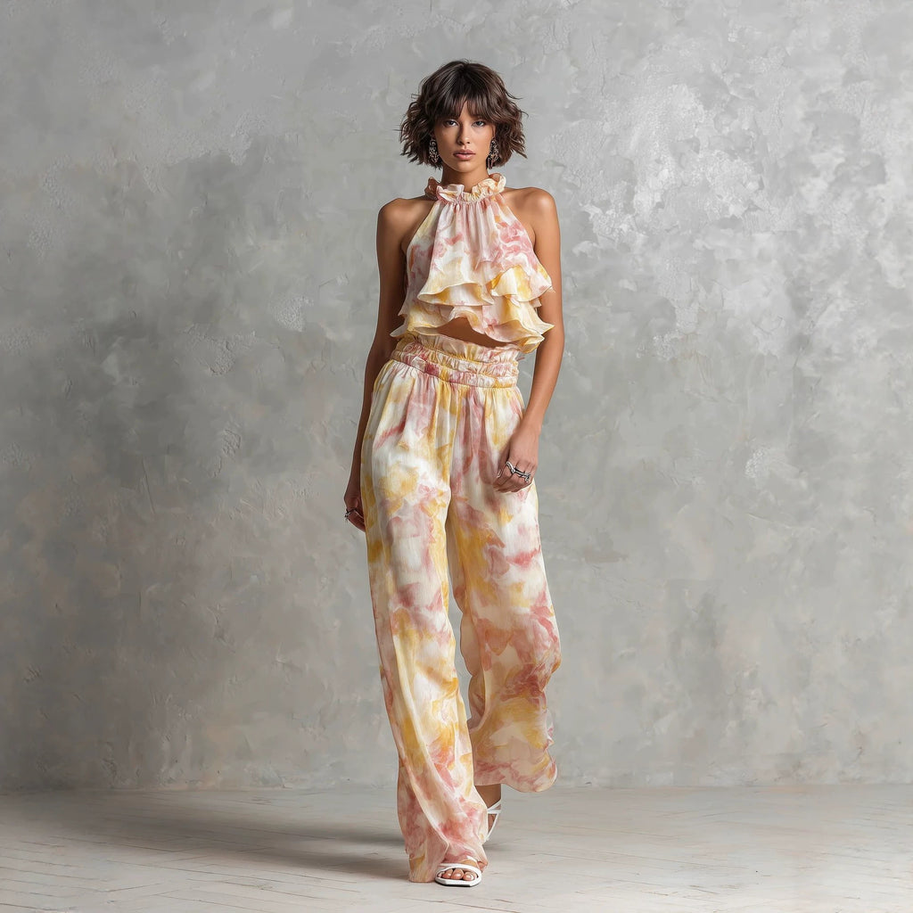 Neck-hanging Printed Top Pants Summer Set