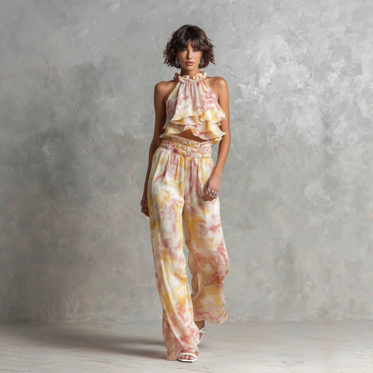 Neck-hanging Printed Top Pants Summer Set