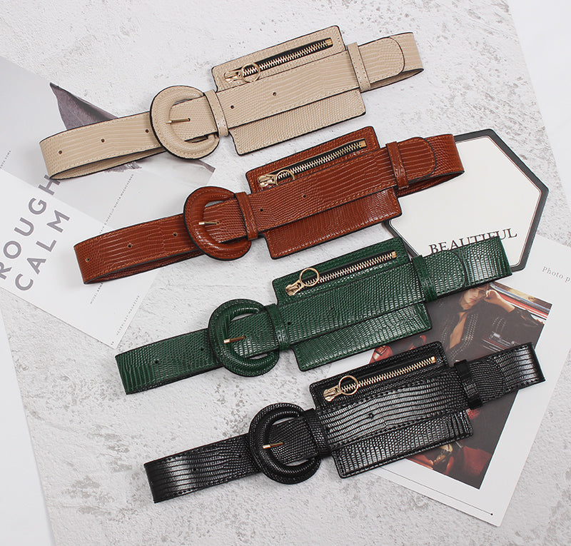 Leather Waist Belt with fashion stitching and zipper design