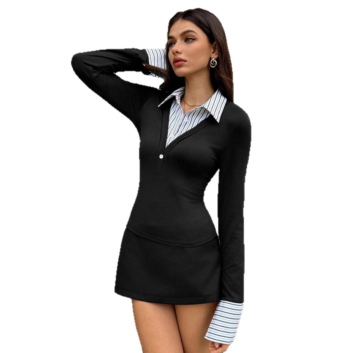 Black V-neck Slim-fit Dress With A Faux Two-piece Paneling