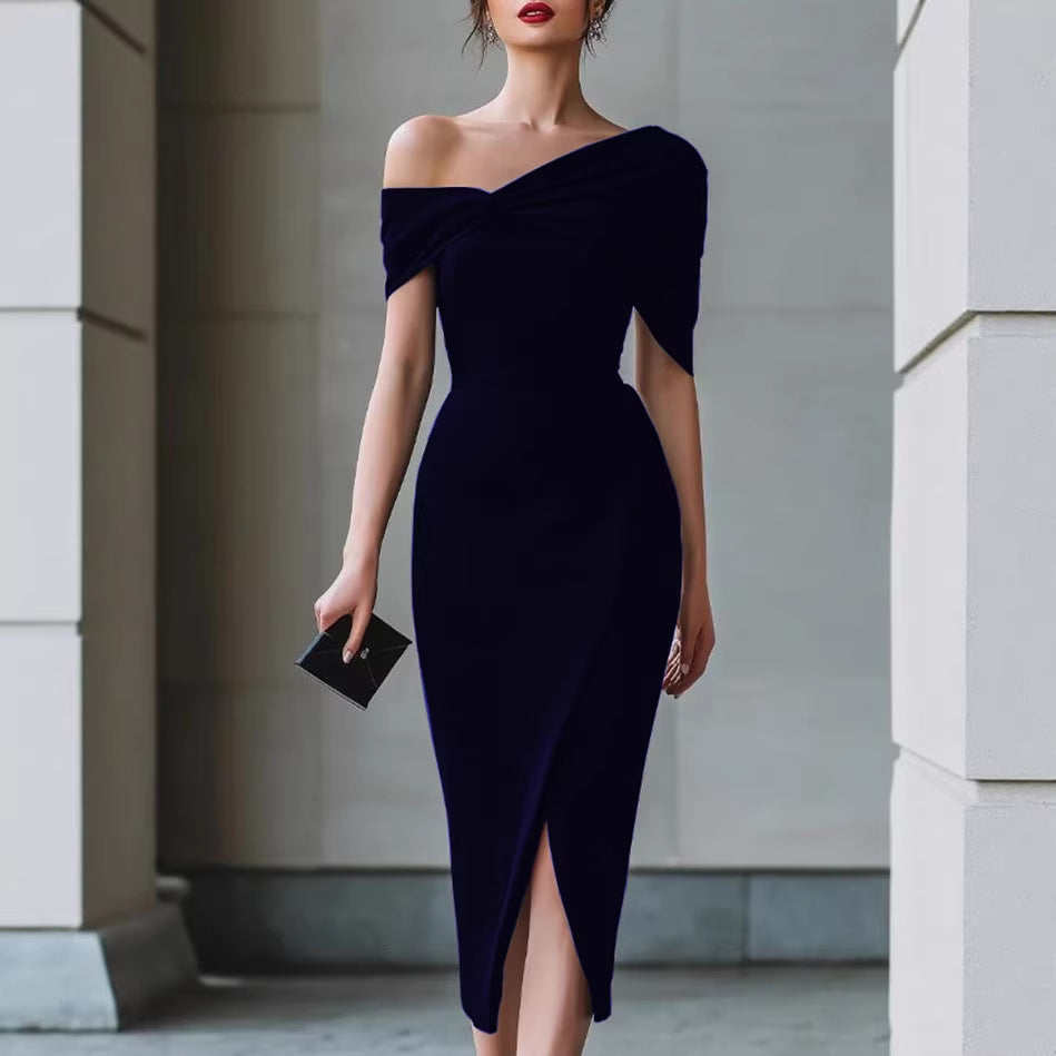 Elegant Commuter Solid-Color Asymmetrical Dress Gown