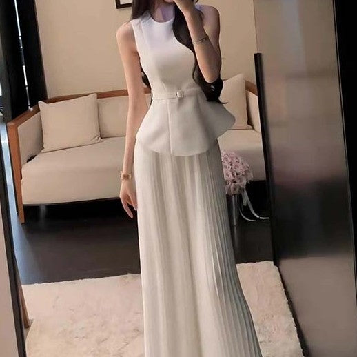 Pleated Vest And Wide-leg Pants Two-piece Set