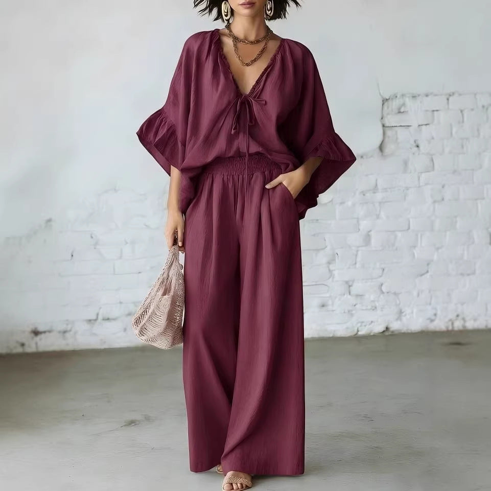 Loose-fit Cotton-linen V-neck Wide-leg Pants Two-piece Set