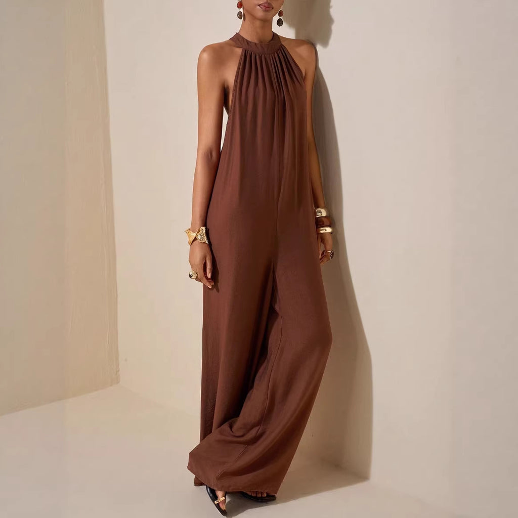 High-neck Halter Solid-color Wide-leg Jumpsuit