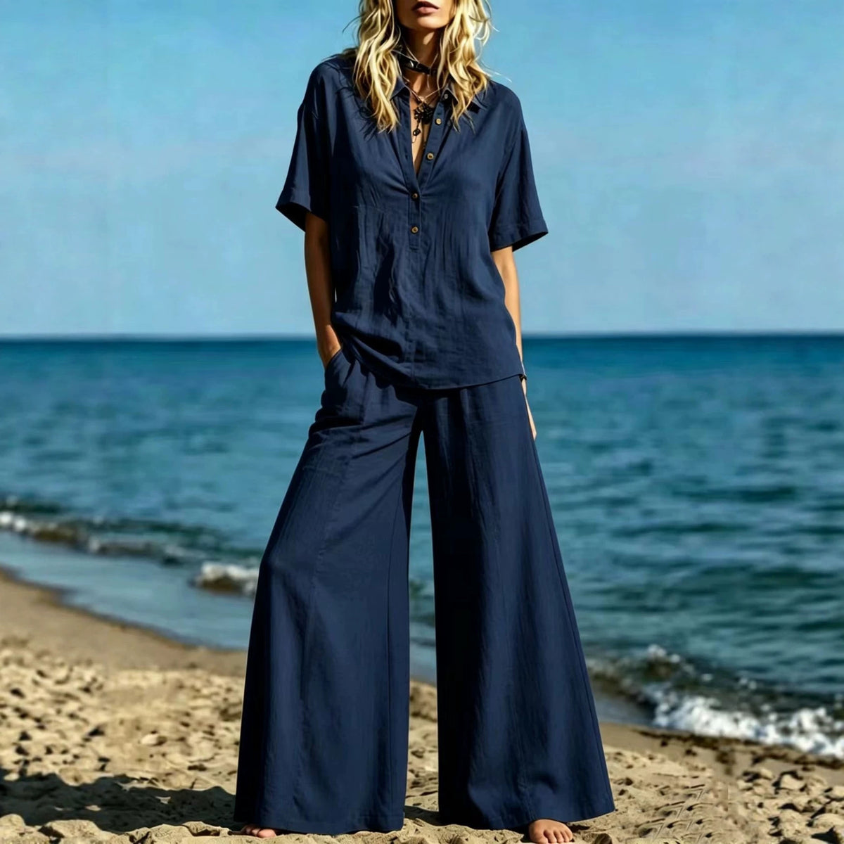 Button-down Shirt And Wide-leg Pants Two-piece Set For Women