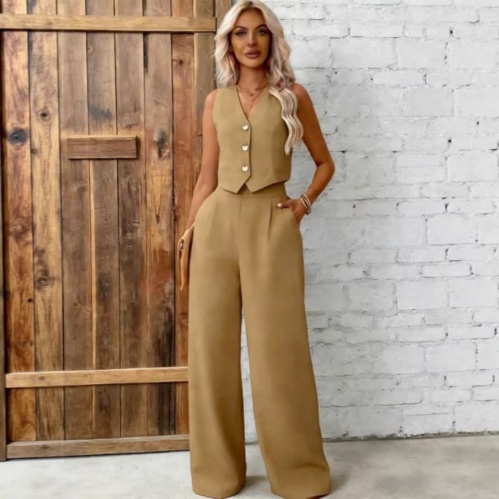 Womens Fashion Plus-Size Buttoned Vest Set