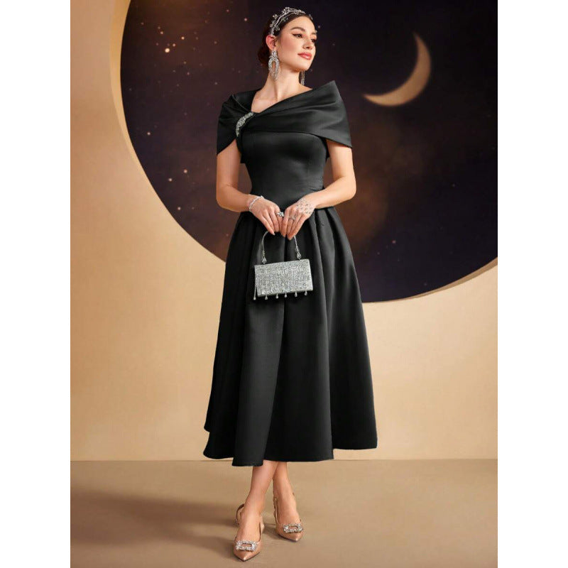 Womens Slim-fit Elegant Off-shoulder Waist-cinching Dress