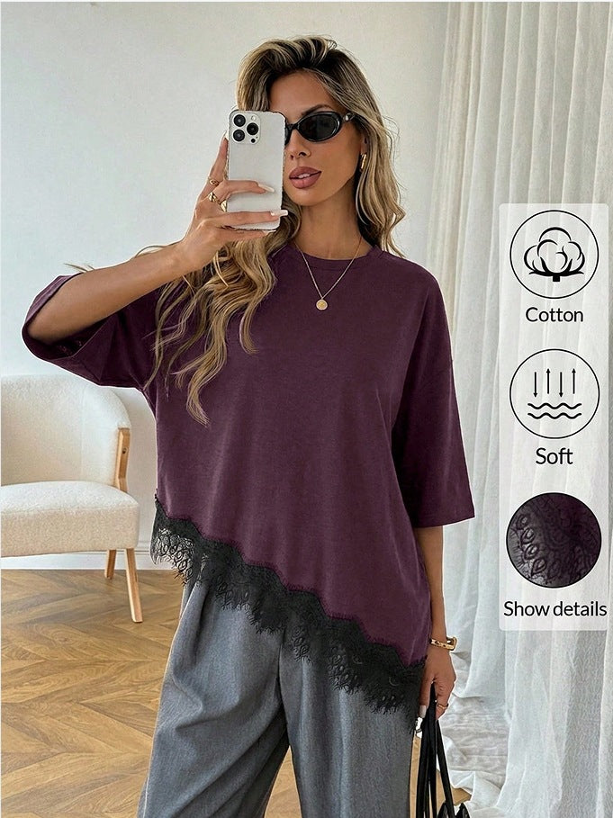 Elegant Womens Short-sleeve Dress With A Slanted Hem And Lace Paneling