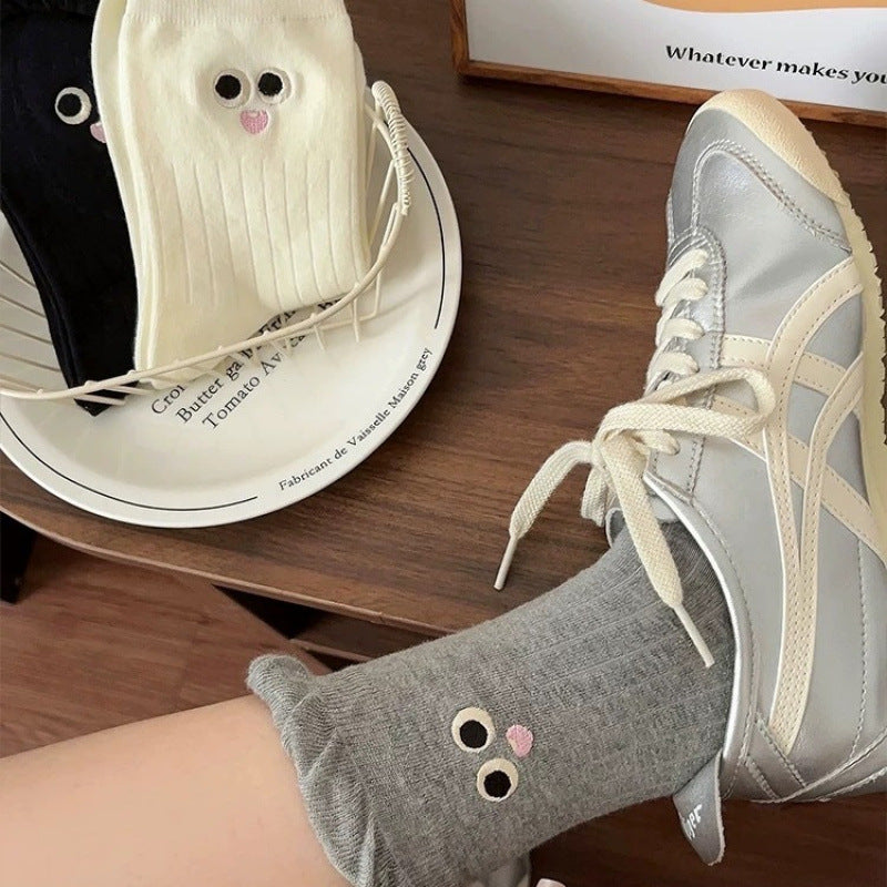 Kawaii Big Eye Embroidered Ribbed Crew Socks, Cute Cartoon Face Ruffle Cuff Socks In Black, White & Grey, Women's Sweet Casual Socks For Everyday & Sneakers