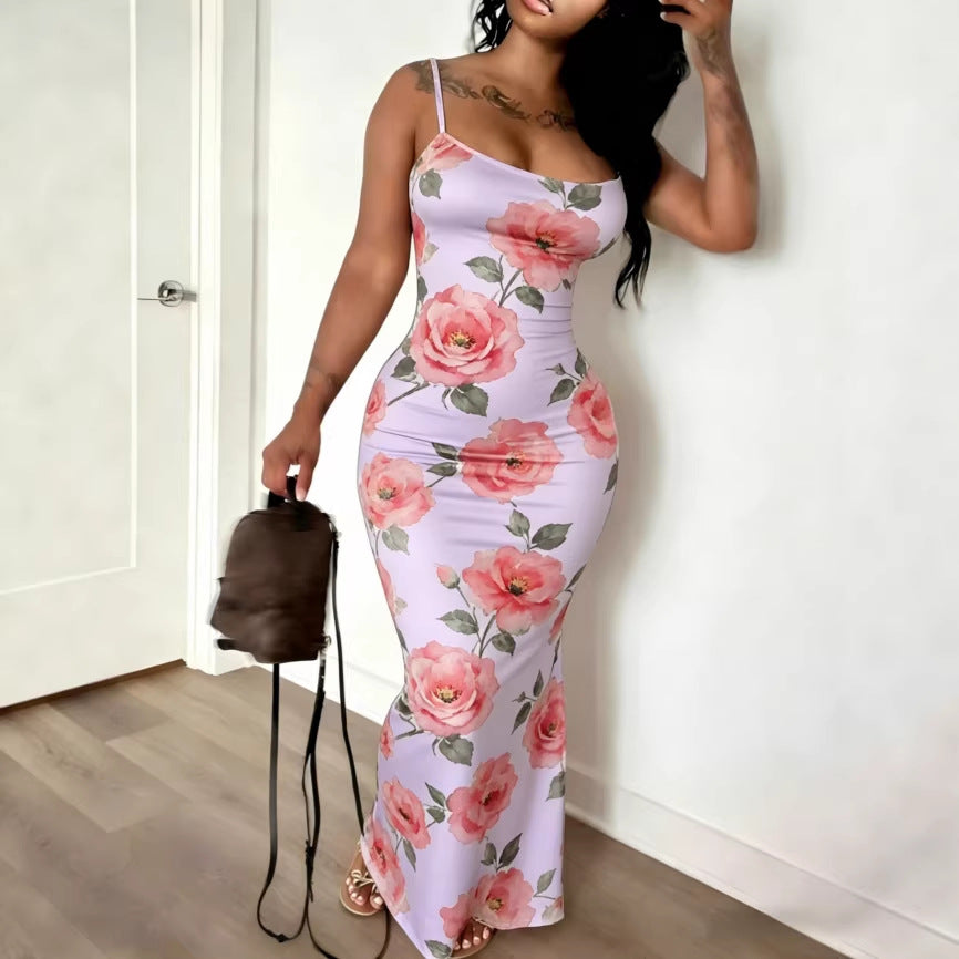 Digital-print Fitted Waistline Long Dress