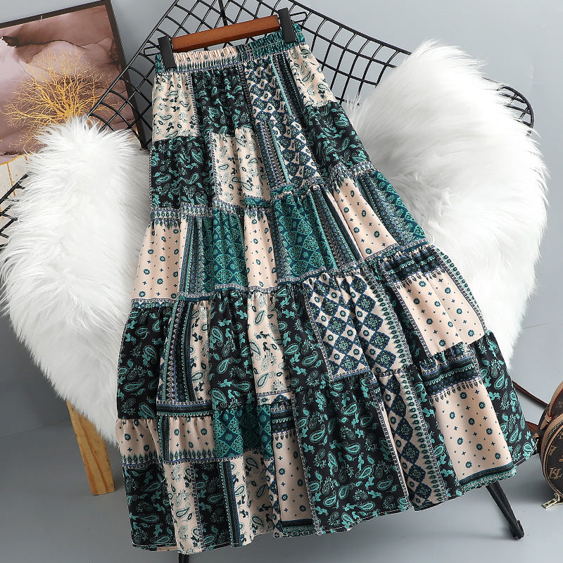 Ethnic-style Color-block Printed Midi Skirt