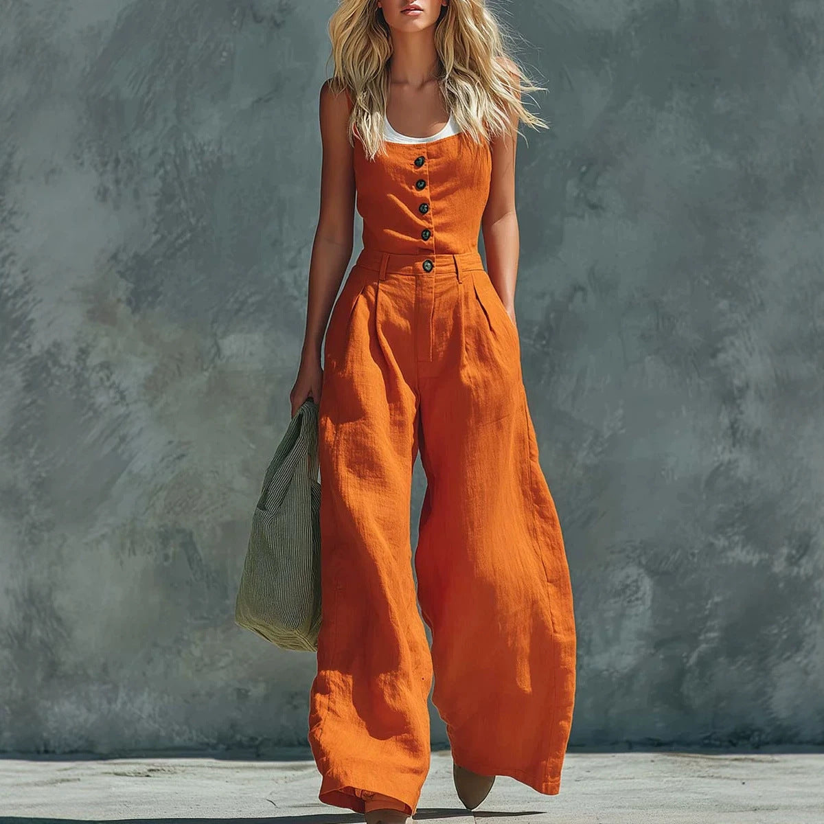 Womens Retro High-Waisted Wide-Leg Jumpsuit