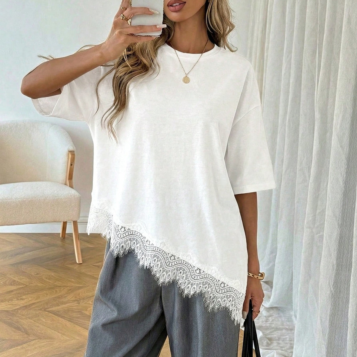 Elegant Womens Short-sleeve Dress With A Slanted Hem And Lace Paneling