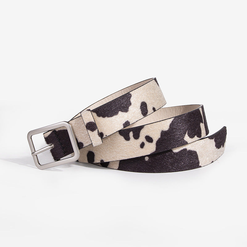 Black and White Cow Pattern Belt with Horsehair PU Design