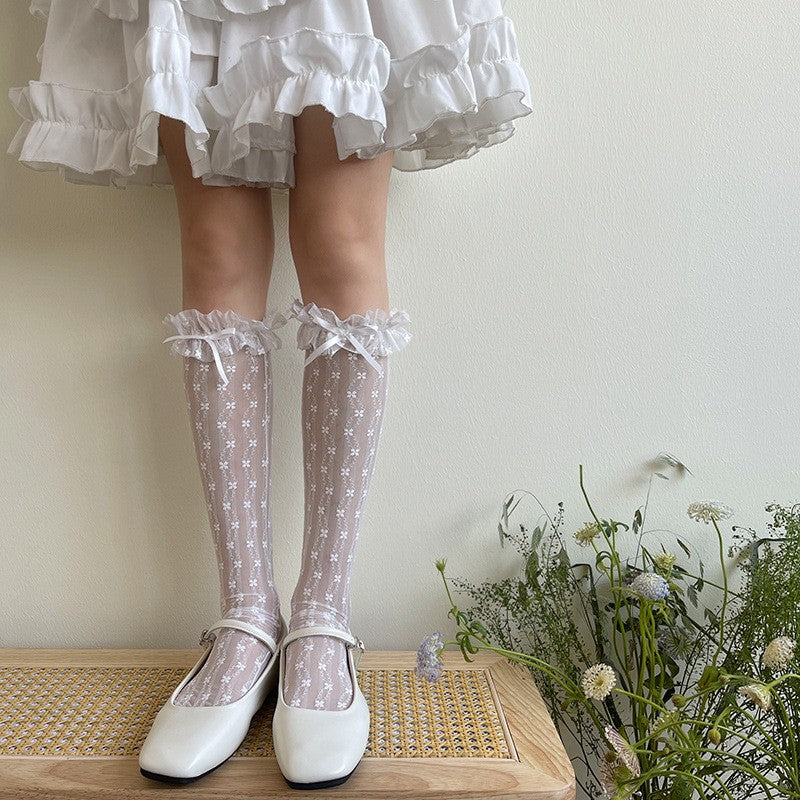 Lace Bow Light Mesh Girl Midsole Calf Pile Socks Women Solid Color