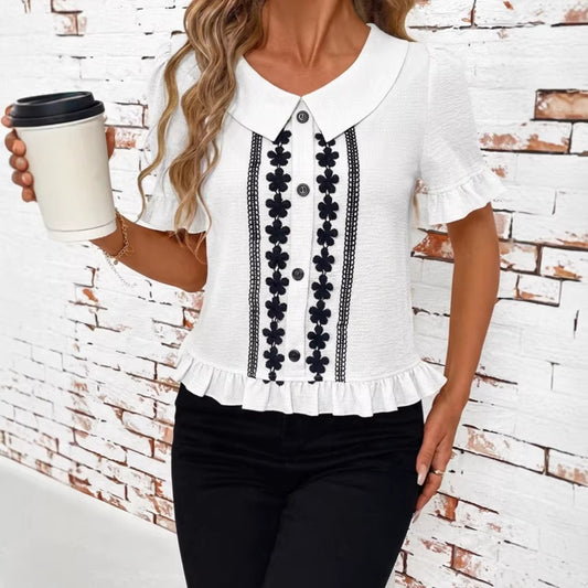 Women's Front-Button Petal-Sleeve Short-Sleeve Summer Fashion