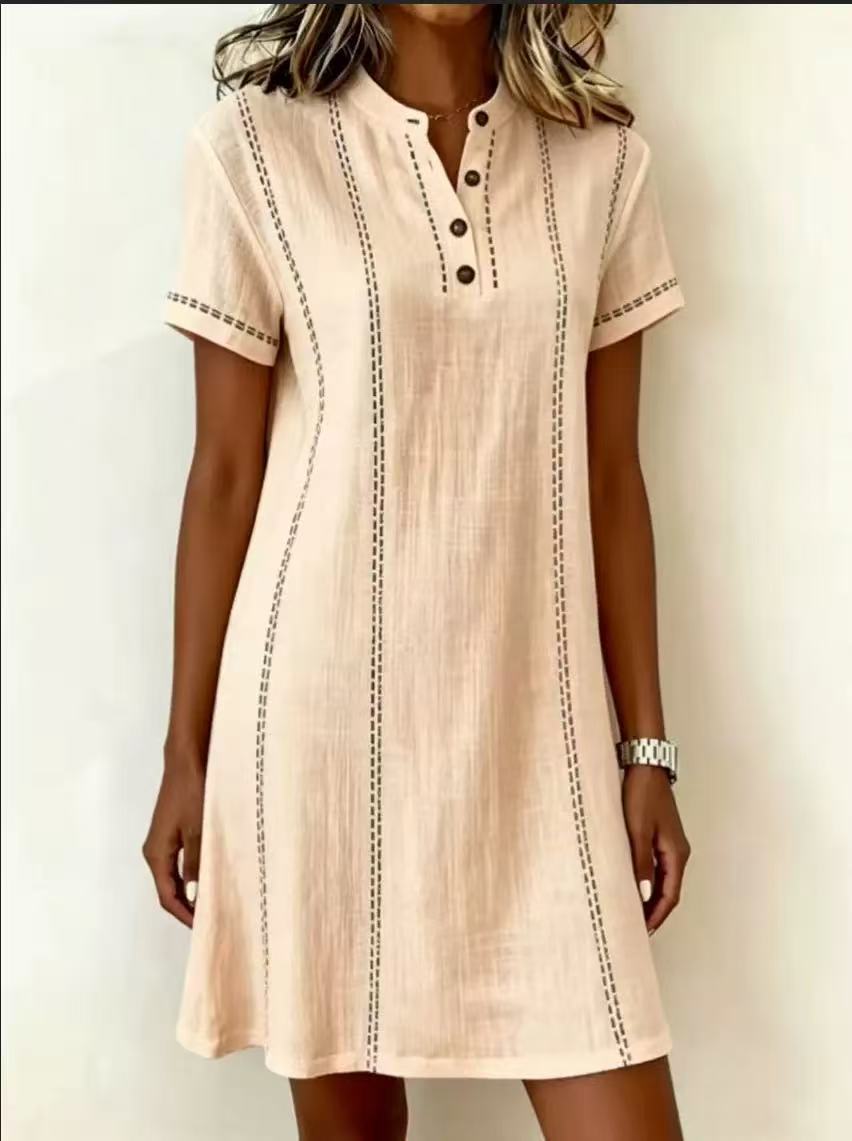 Loose-fitting Casual Printed Button-up Stand-collar Dress