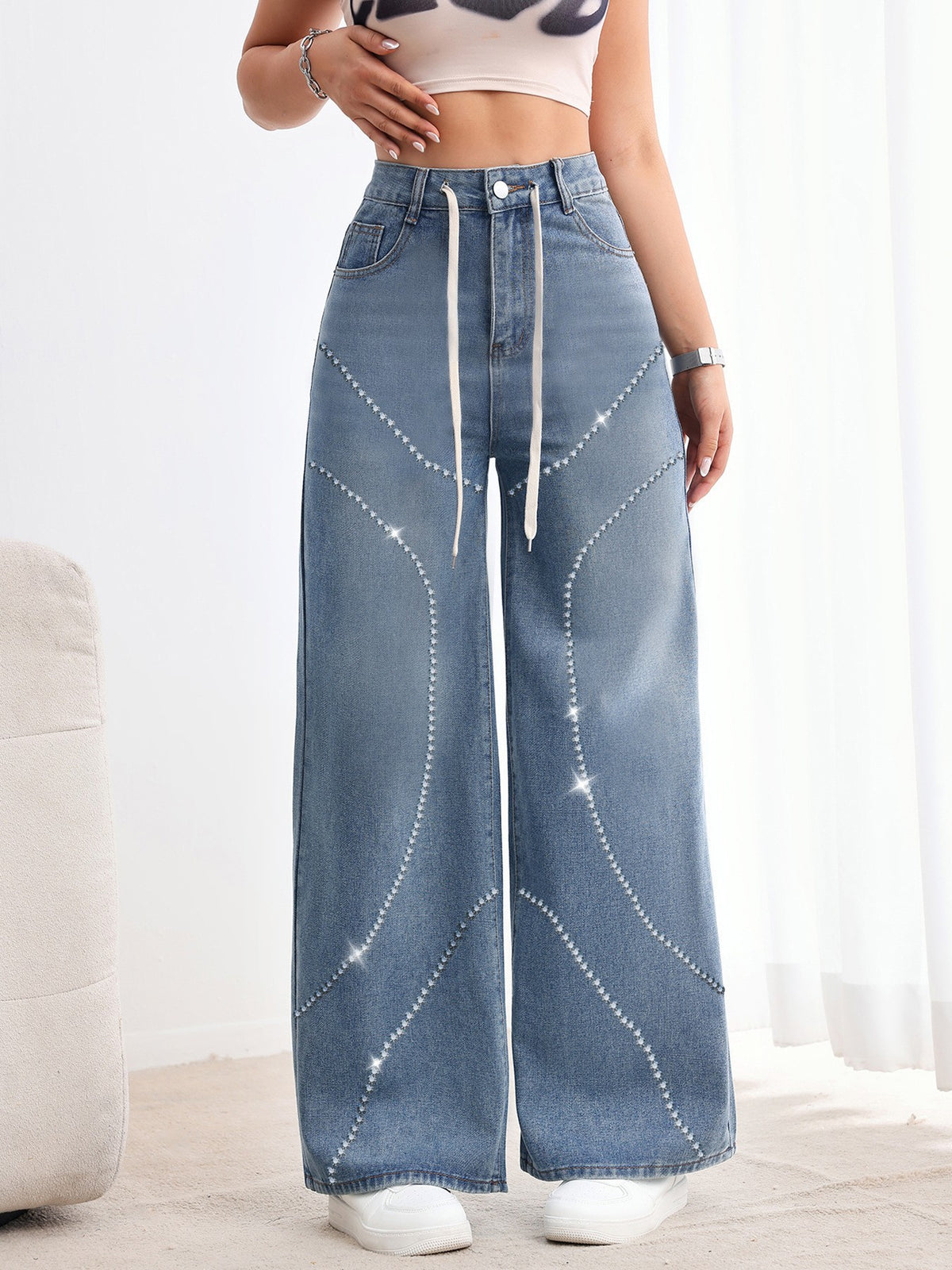 American-style Vintage Womens Washed Denim Jeans With Beadwork