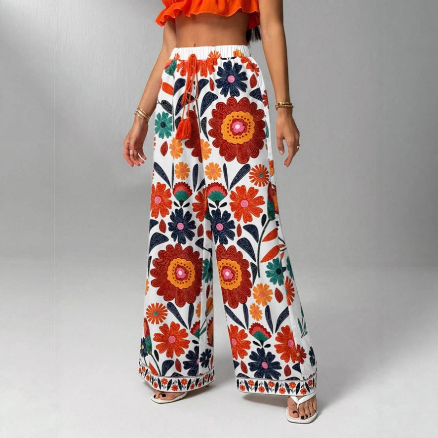 Bohemian-style Tropical Loose-fit Womens Trousers