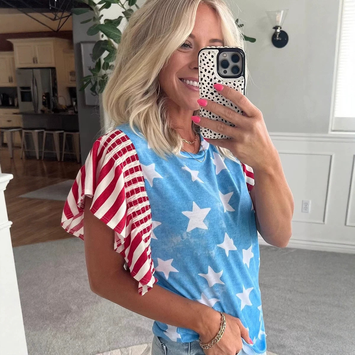 Summer Pullover Top With A Round Neck And Ruffled Sleeves