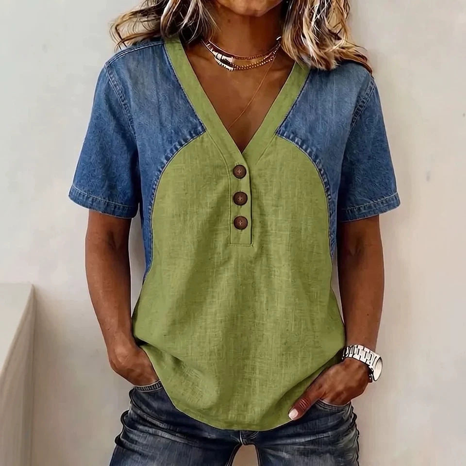 Fashionable Trendy Womens Loose Denim Patchwork T-Shirt