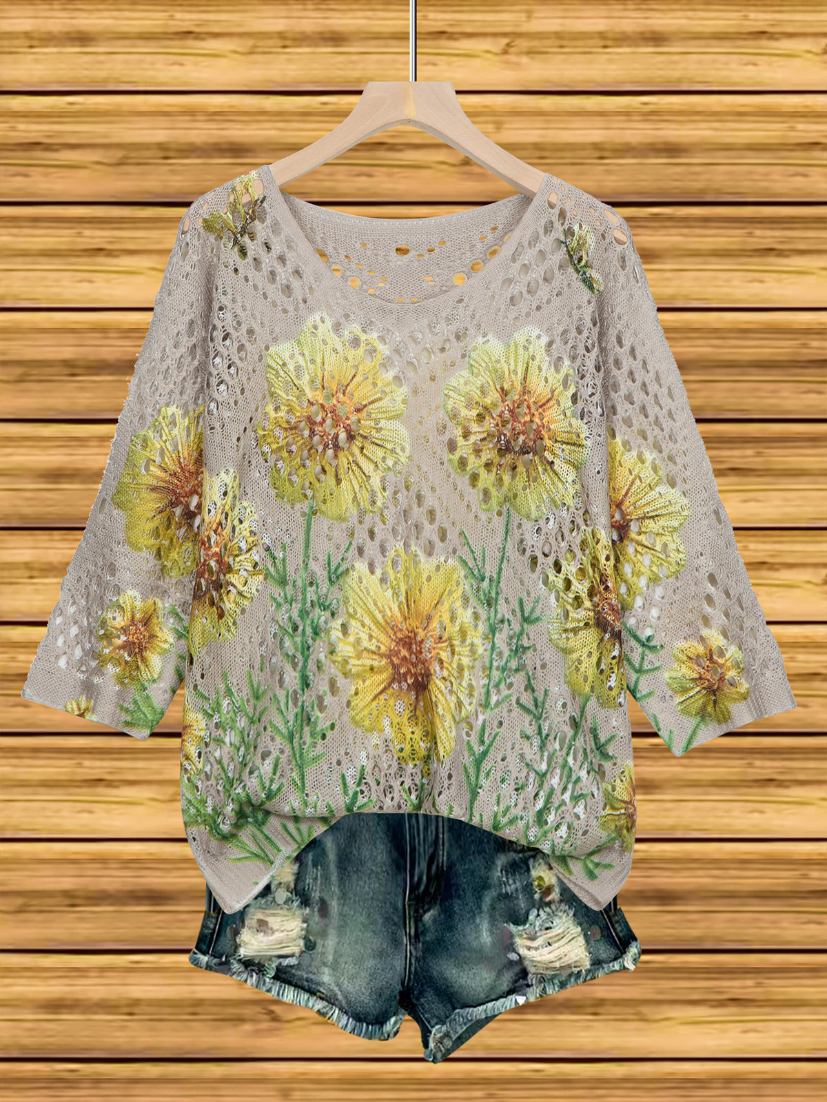 Womens Hollowed-Out Batwing-Sleeve Sweater With 3D Knitted Print