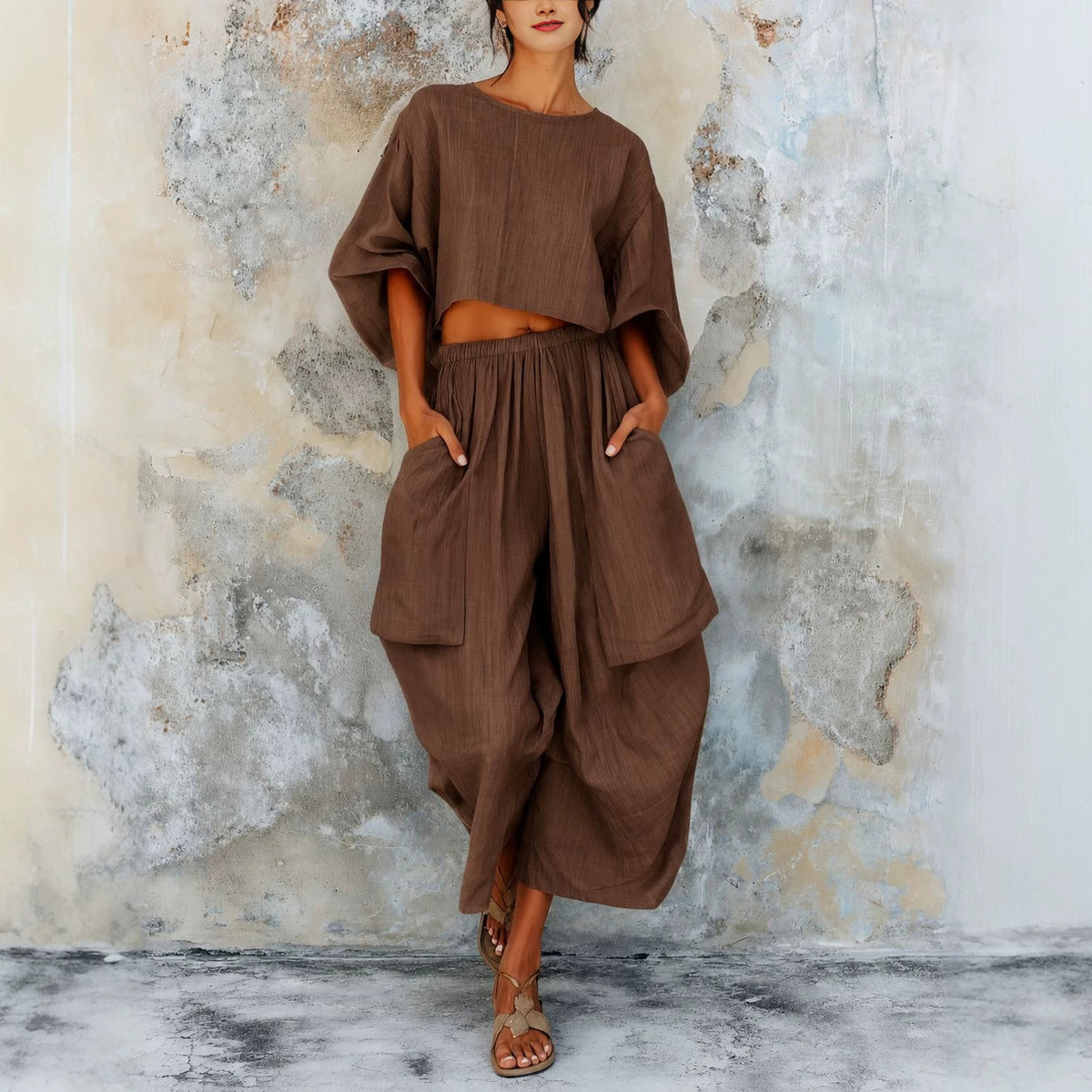 Elastic-waist Batwing-sleeve Casual Plus-size Set